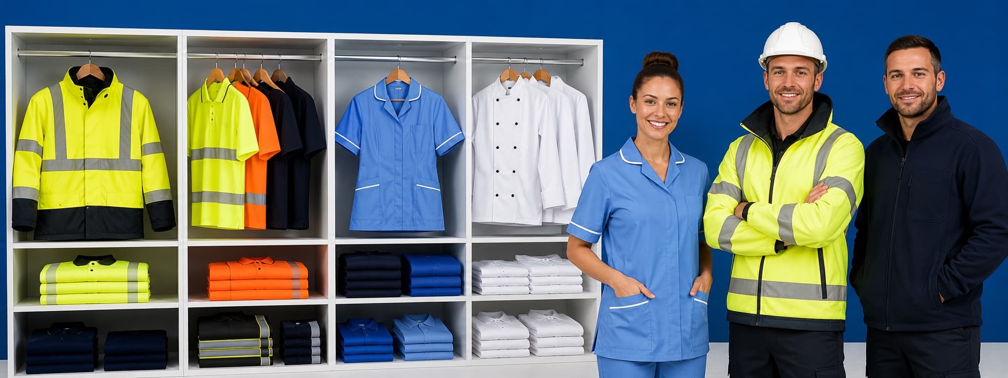 Range of hi-vis jackets, medical scrubs and chef whites with staff in branded workwear