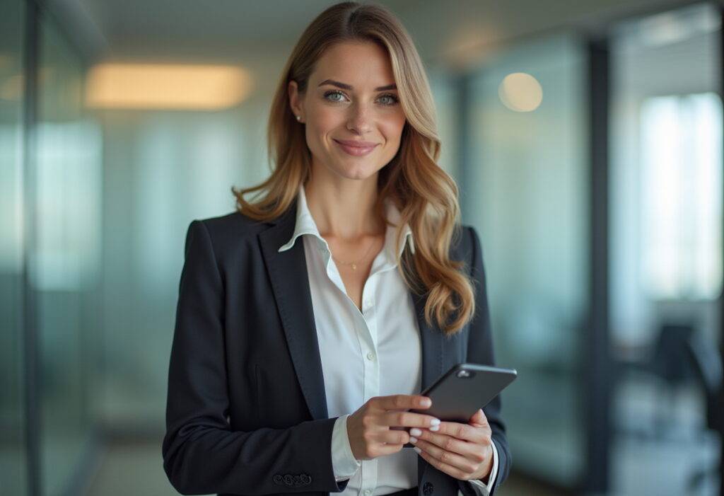 Businesswoman in a black suit holding a smartphone in a modern office