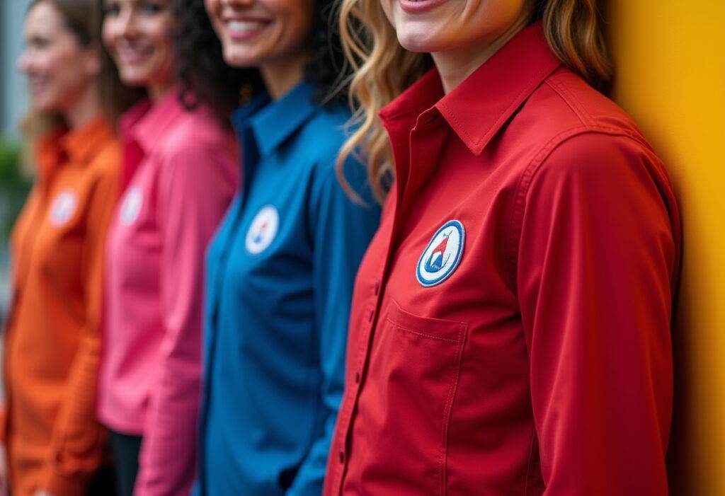 A group of people wearing colourful uniform shirts with embroidered logos, standing in a line