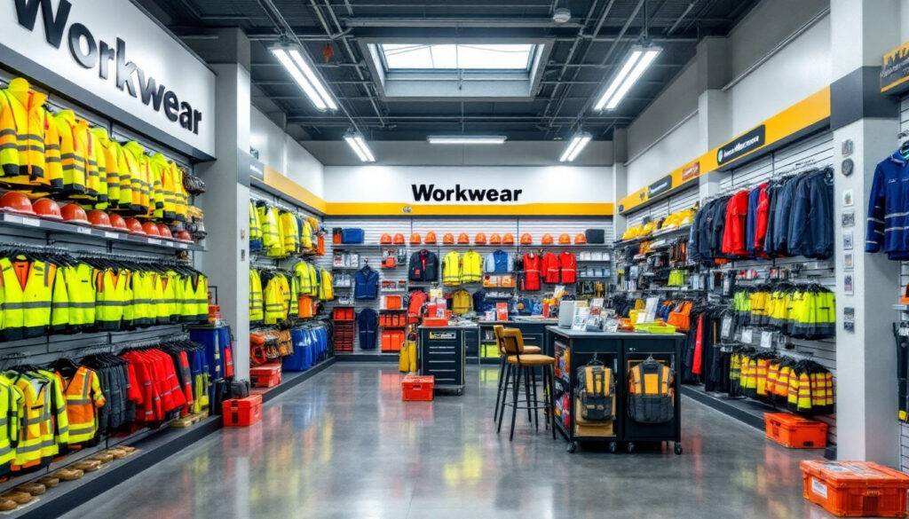 Interior of a workwear store displaying high-visibility and safety clothing